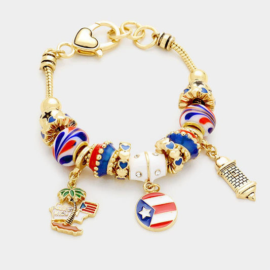 Puerto Rico Flag Murano Glass Charm Bracelet: Gold