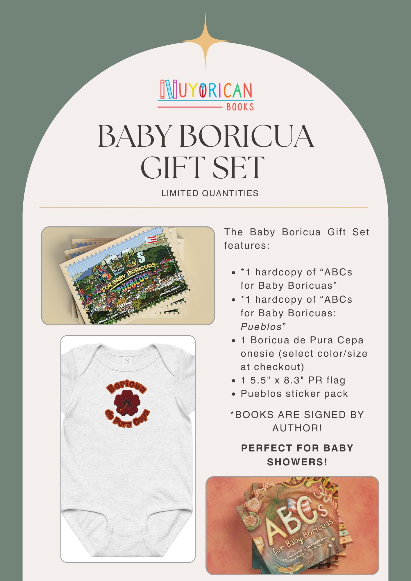 Advertisement for Baby Boricua gift set with onesie, books, and flag on a white background.