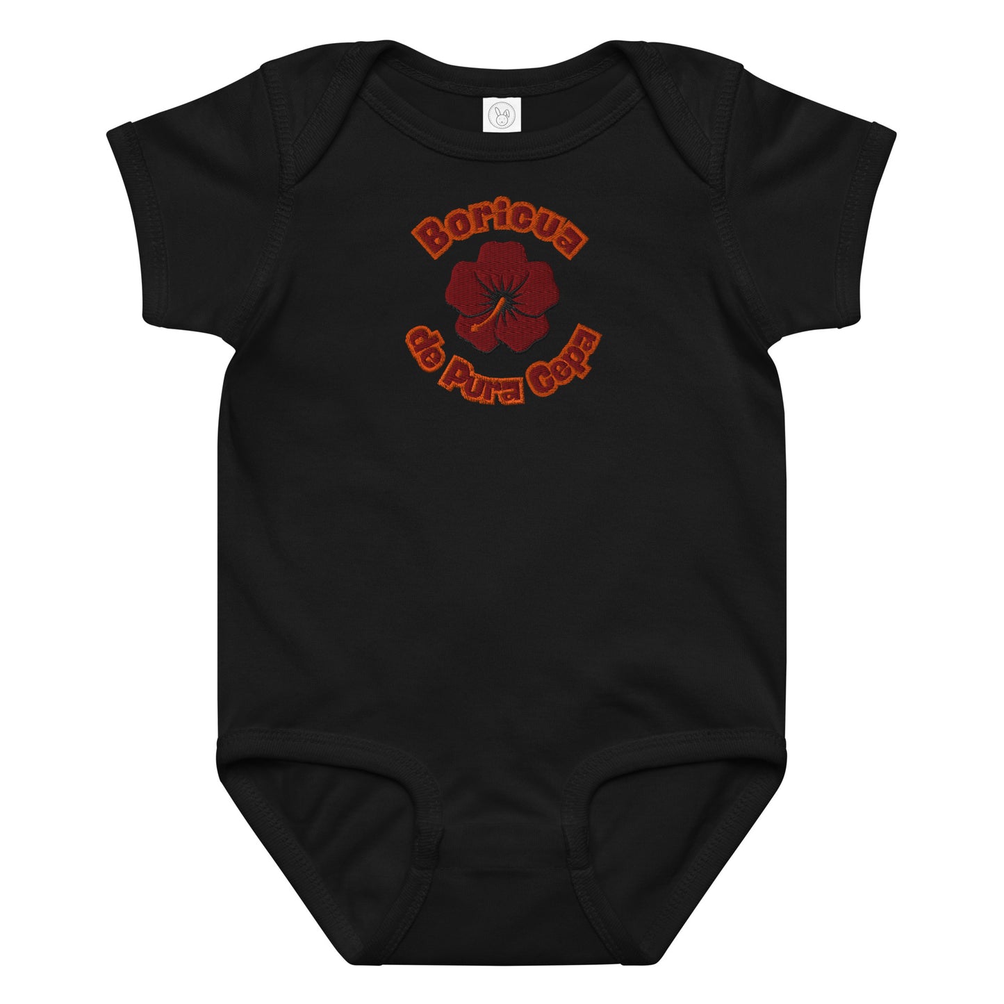 Black baby onesie with red floral design and text on a white background