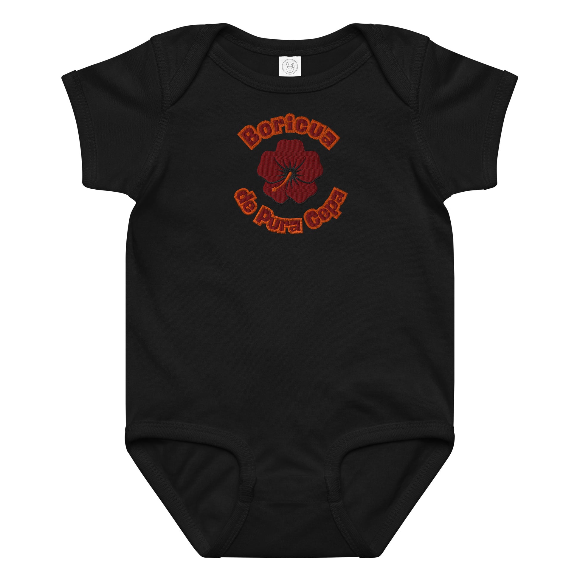 Black baby onesie with red floral design and text on a white background