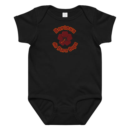 Black baby onesie with red floral design and text on a white background