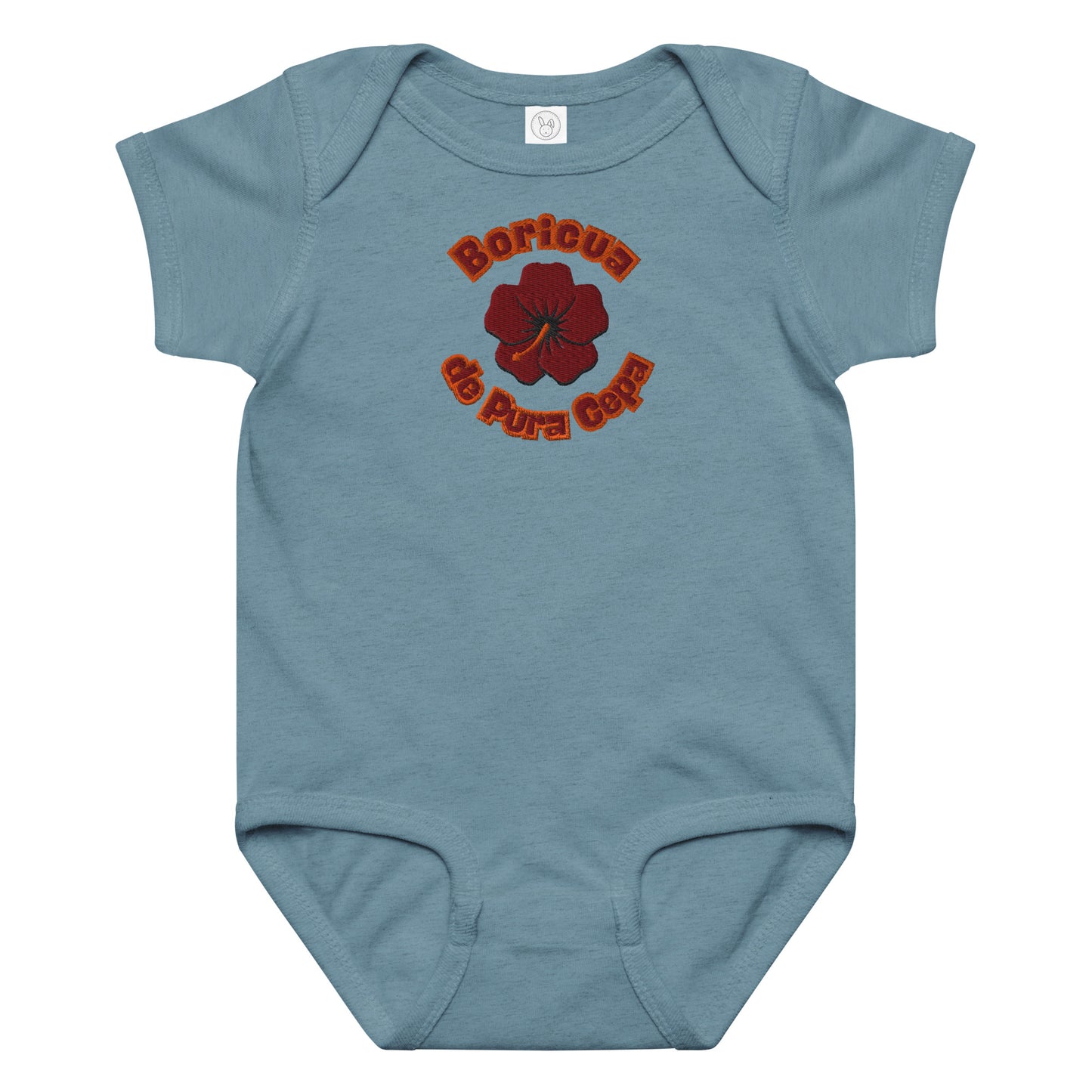Blue baby onesie with red floral design and text on a white background
