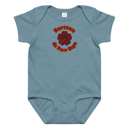 Blue baby onesie with red floral design and text on a white background