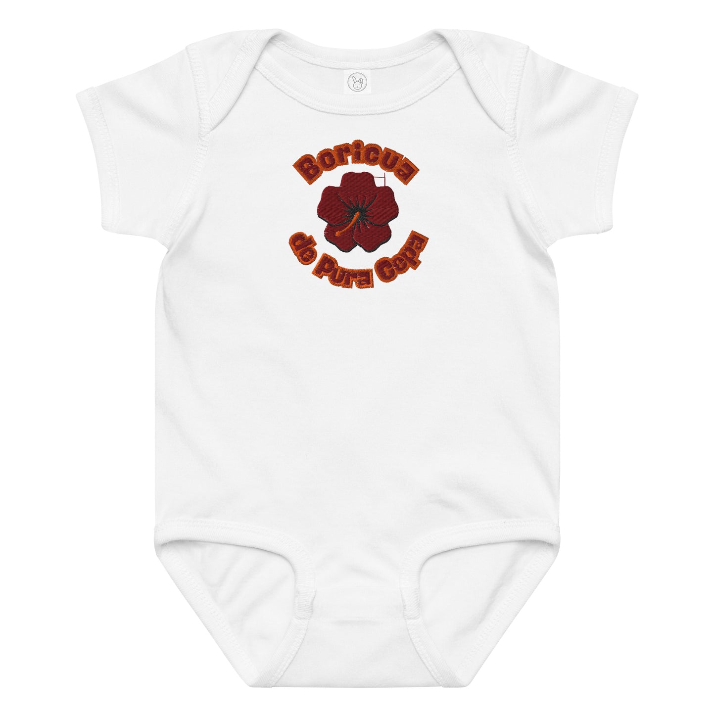 Ash color baby onesie with a red and orange graphic and text that says "Boricua de Pura Cepa."