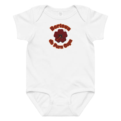 Ash color baby onesie with a red and orange graphic and text that says "Boricua de Pura Cepa."