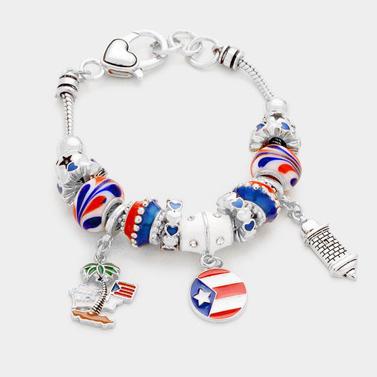 Puerto Rico Flag Murano Glass Charm Bracelet: Silver